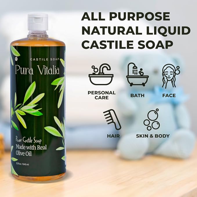 Unscented Organic Castile Soap | Body Wash & Cleanser for Face & Hands | Biodegradable, Eco-Friendly, Palm Oil Free, Vegan & Gentle | Made with 6 Natural Ingredients | 32 oz