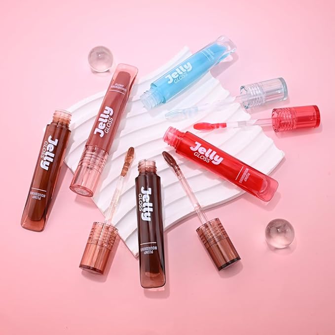 Jelly Lip Gloss, Soft Lip Tint, Instantly creates a Sheer Glass-like Shine, Cool Blue Red Rose Mocha Bean Chocolate Brown Colors, Smoothing, Moisturizing, Plump and Hydrated (B05)