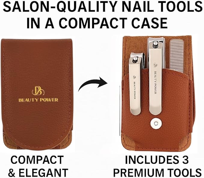 Nail Clippers Set 3 in 1 - Stainless Steel Toe Nail Clippers, Fingernail Clipper, Glass Nail File, Anti Splash, Ergonomic Grip in Brown PU Leather Travel Case for Men & Women - Gift Idea