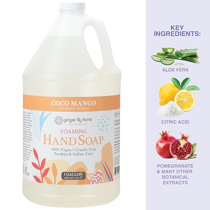 Ginger Lily Farms Botanicals All-Purpose Foaming Hand Soap Refill, Coco Mango, 100% Vegan & Cruelty-Free, Coconut Mango Scent, 1 Gallon (Pack of 4)