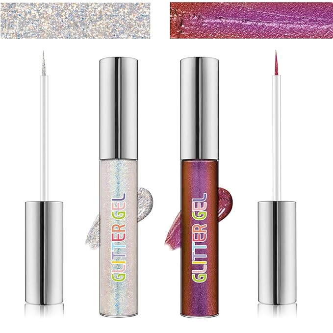 Glitter Liquid Eyeliner Set, Purple & Silver Waterproof Smudge-Proof Shimmer Eyeliner, Quick-Dry Vegan Formula for Christmas Party Makeup, Gift for Women