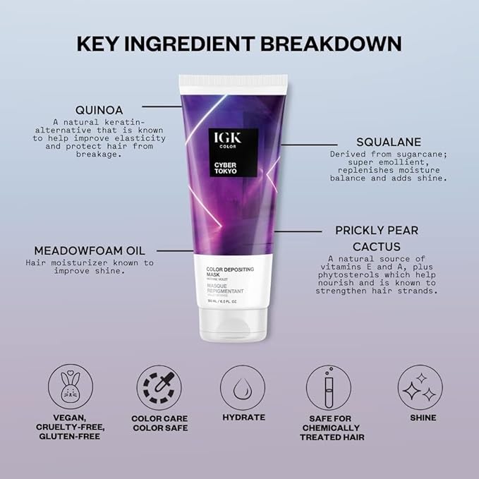 IGK Cyber Tokyo Color Depositing + Conditioning Hair Mask | Intense Violet - Purple Tones | Hydrating Semi-Permanent Gloss Toner Treatment
