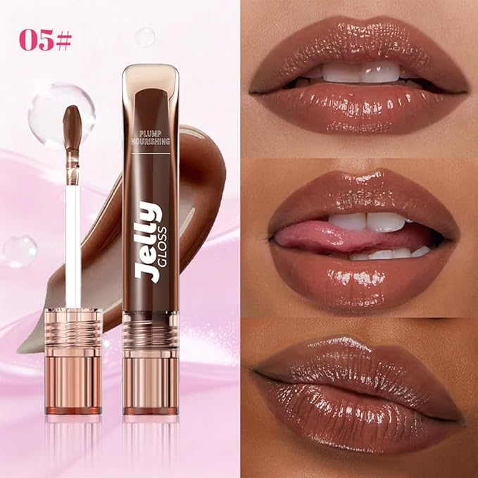 Jelly Lip Gloss, Soft Lip Tint, Instantly creates a Sheer Glass-like Shine, Cool Blue Red Rose Mocha Bean Chocolate Brown Colors, Smoothing, Moisturizing, Plump and Hydrated (B05)
