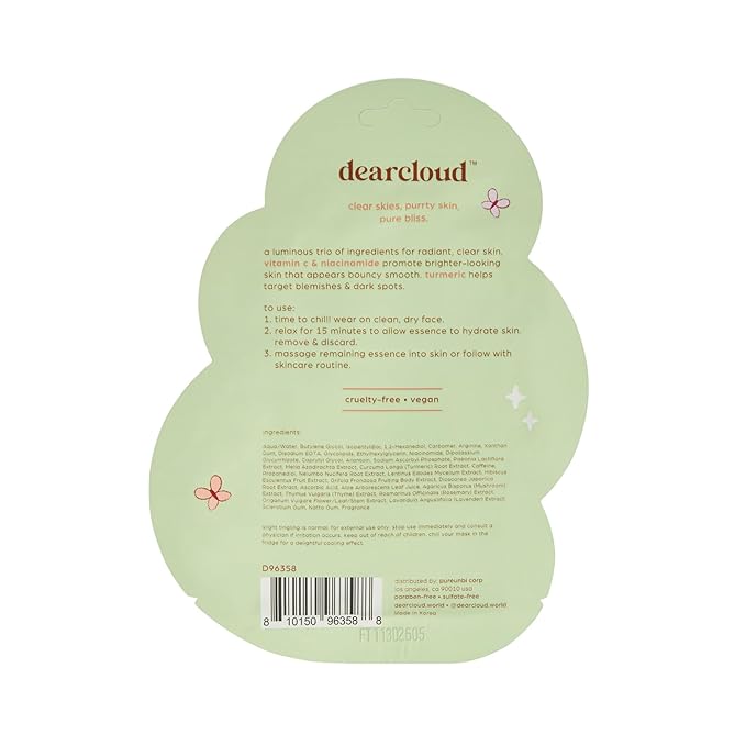 dearcloud Purrty Radiance Illuminating Glow Dew Essence Face Mask, Korean Sheet Mask - Vitamin C, Niacinamide & Turmeric (3 Count)