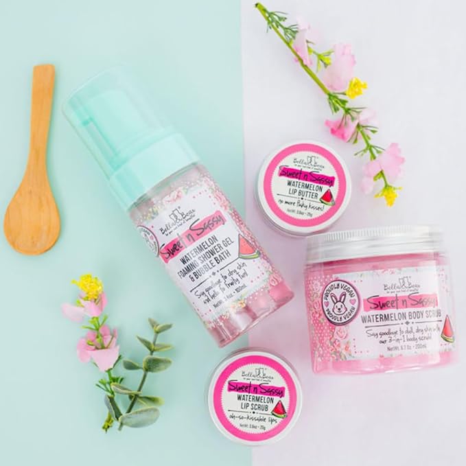 Bella & Bear Sweet 'n; Sassy MIdi Bath & Body Gift Set with Foaming Shower Gel & Bubble Bath, Body Scrub & Lip Scrub and Lip Butter. Great Gifts for Women Birthdays, Girlfriends, Bridesmaids
