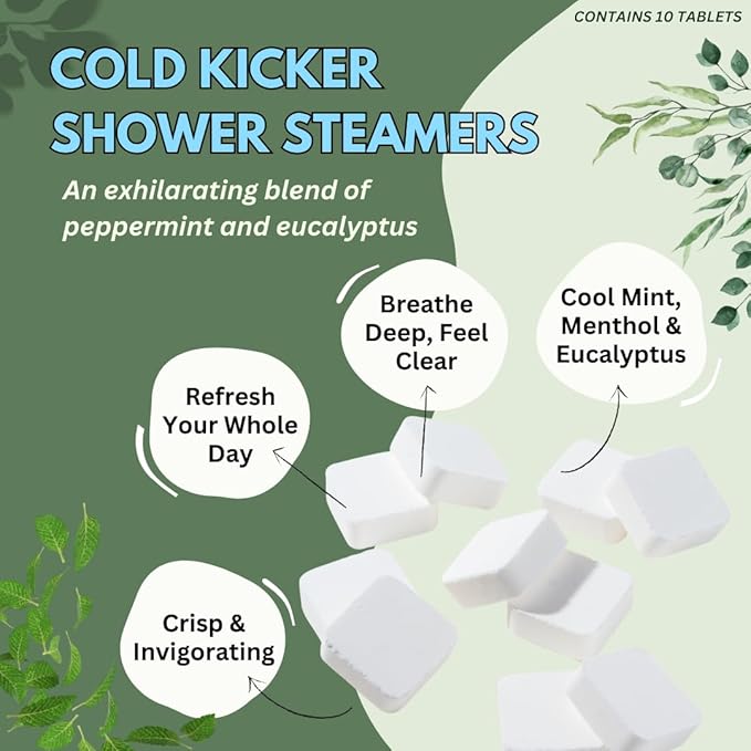 Cold Kicker Shower Steamers Aromatherapy for Relief - USA Made - Peppermint & Eucalyptus Shower Bomb Tablets – Valentines Day Gift for Her and Him – Soothing Natural Essential Oils (10 Pack)