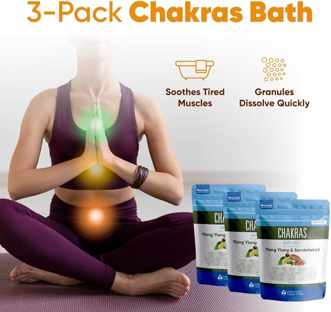Chakras Bath Salt (3 Pack) USP Epsom Salt with Natural Ylang Ylang and Sandalwood Essential Oils Plus Vitamin C in BPA Free Pouch with Easy Press Lock Seal Made in USA Bundle 6 Lbs Total