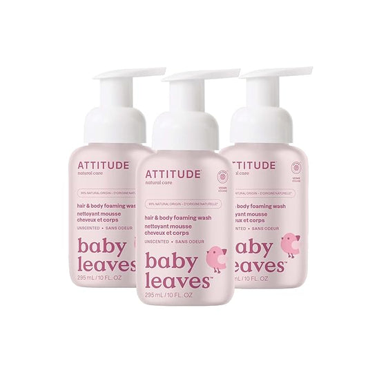 ATTITUDE 2-in-1 Hair and Body Foaming Baby Wash, EWG Verified Shampoo Soap, Dermatologically Tested, Made with Naturally Derived Ingredients, Vegan, Unscented, 10 Fl Oz (Pack of 3)