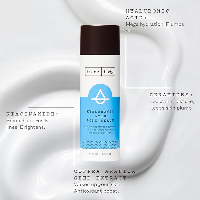 Frank Body Hyaluronic Acid Body Serum | Hydrates & Strengthens Skin Barrier | Lightweight, Fast-Absorbing | With Niacinamide 3%, Ceramides & Hyaluronic Acid | Vegan & Cruelty-Free | Peach Scent |140ml