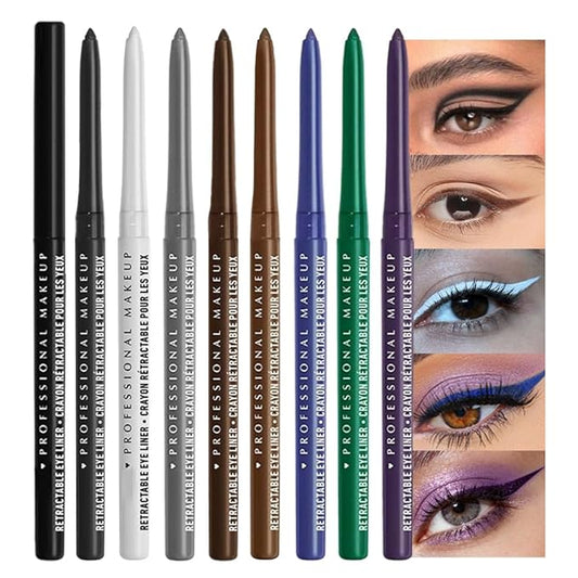 8Pcs Retractable Creamy Eyeliner & Eyeshadow Sticks for Women, Black White Brown Blue Purple Green Gray Colors, Ultra Pigmented Waterproof Mechanical Eye Pencils, Matte Satin Finish,Vegan,Cruelty-Free