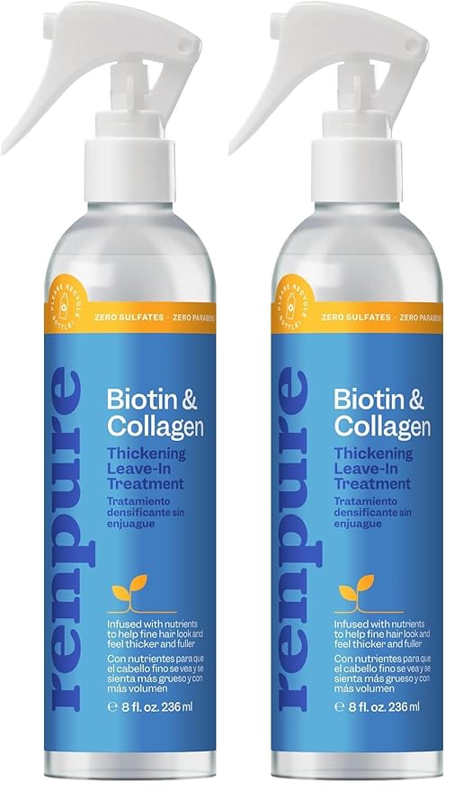RENPURE Biotin & Collagen Leave-In Conditioner Treatment, For a Fuller, Thicker Look, Biotin Hair Spray Leave In Conditioner For Fine, Thin or Limp Hair, Vitamin B7, Collagen 8 Fl Oz (Pack of 2)