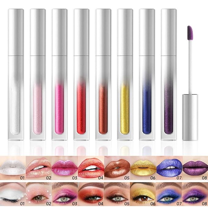 Pearlescent Metallic Lip Gloss & Liquid Eyeshadow 2-in-1, Long Lasting Waterproof Glitter Lipstick, Shimmer Lip Color, High Pigment Metallic Glitter Eyeshadow Makeup for Women 04