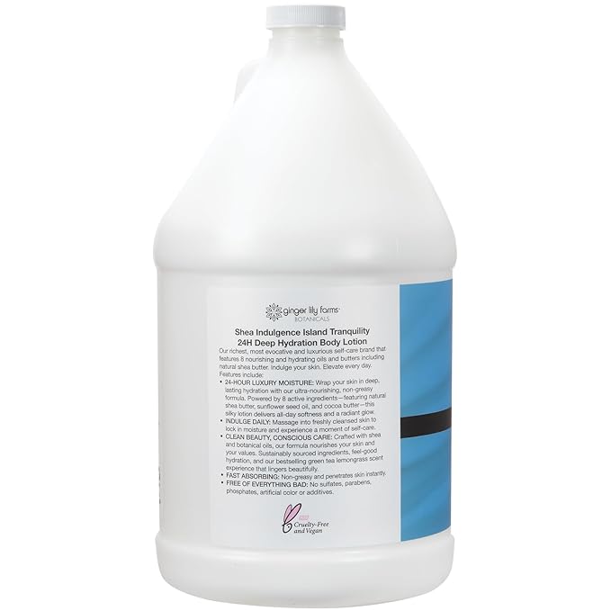 Ginger Lily Farms Botanicals Shea Indulgence 24H Deep Hydration Body Lotion, Island Tranquility, 100% Vegan & Cruelty-Free, Green Tea & Lemongrass Scent, 1 Gallon (128 fl oz) Refill