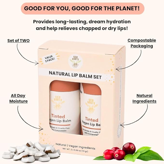 Tinted Lip Balm 2 Pack - Organic and Vegan Lip Moisturizer - Cruelty-Free, Eco-Friendly - Plastic-Free with Compostable Packaging - Made in USA Lip Balm Set