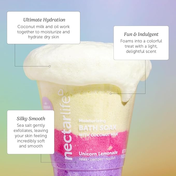 Coconut Milk Bath Soak, Sea Salt Bath, Bubble Bath, Natural Detox Foaming Body Soak, Foot Soak, Vegan Body Skin Care, 9 oz. (Unicorn Lemonade)