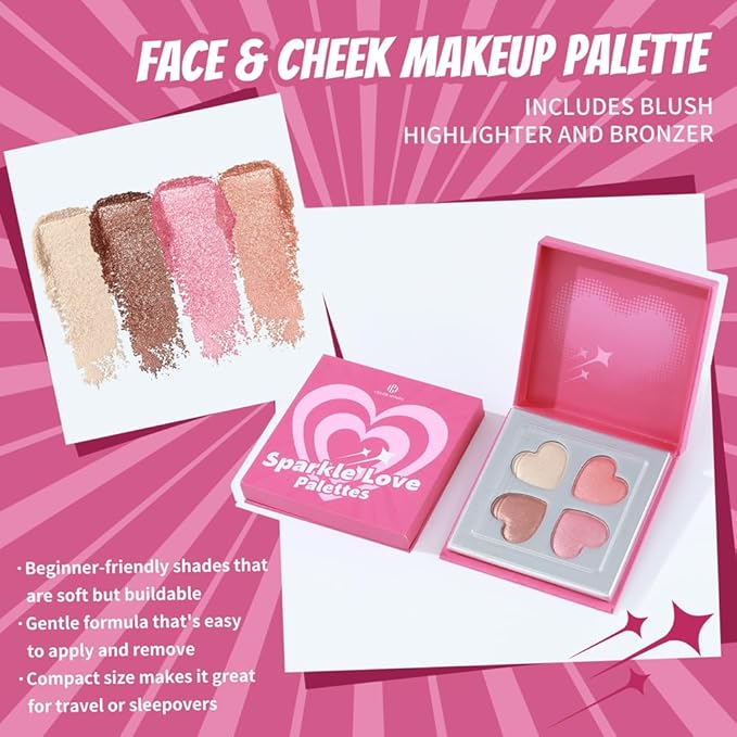 Color Nymph SPARKLE LOVE Palettes - Face & Cheek Makeup Palette丨Blush, Bronzer & Highlighter Make Up for Teens Girls Tweens with Gentle & Silky-smooth Formula, Vegan & Talc-free (Pink)