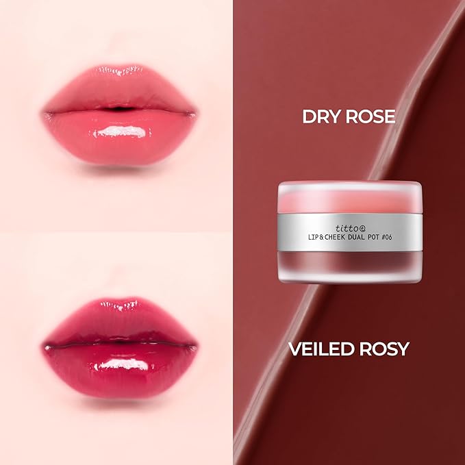 titto Lip & Cheek Dual Pot Blendable & Buildable | Multi-Use Tinted Balm & Blush for Cheeks, Rich Buttery Texture, Long-Lasting, Natural Dewy Finish, Vegan, K Beauty (#06 Dry Rose/Veiled Rosy)