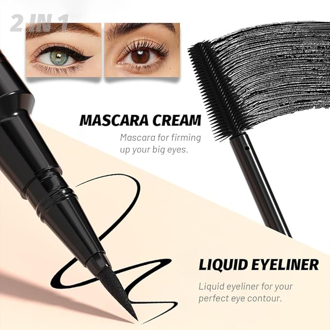 Voluminous Waterproof Black Mascara Eyeliner - Buildable Lengthening, Curling & Defining for Dramatic Volume, Smudge-Proof 24H Wear, Cruelty-Free Blackest Black, Vegan