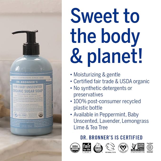 Dr. Bronner's Organic Sugar Soap (Baby Unscented, 12 Ounce) - Made with Regenerative Certified Organic Oils, Sugar & Shikakai Powder, 4-in-1 Use: Hands, Body, Face and Hair- Liquid Soap, Nourishes