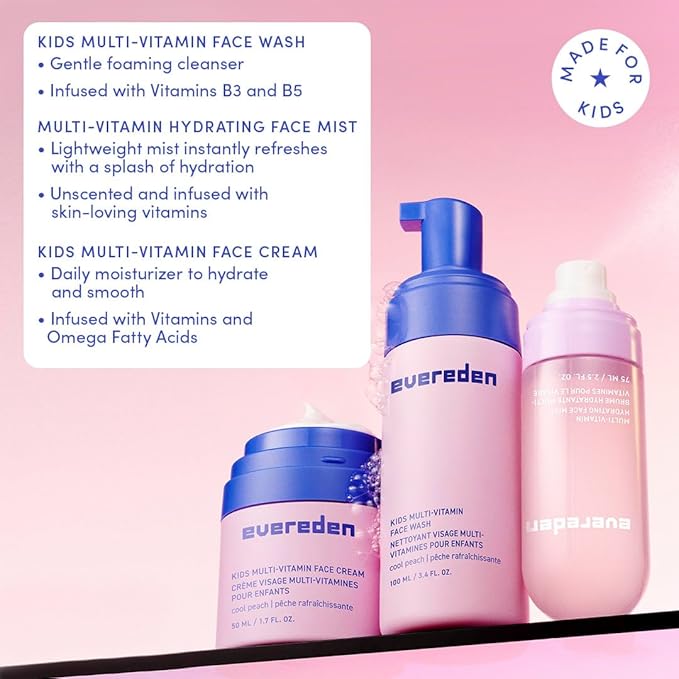 Evereden Kids Multi-Vitamin Hydrating Face Mist, Face Wash, & Kids Face Cream Set: Clean, Vegan, and Multivitamin-Rich Kids Skin Care Set for 6 & up - Moisturize & Refresh