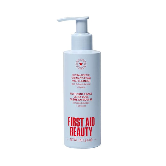 First Aid Beauty Ultra Gentle Cream-to-Foam Pure Facial Cleanser – Makeup Removing Face Cleanser - Face Wash with Colloidal Oatmeal & Glycerin, for Sensitive, Acne & Blemish-Prone Skin, 6 oz