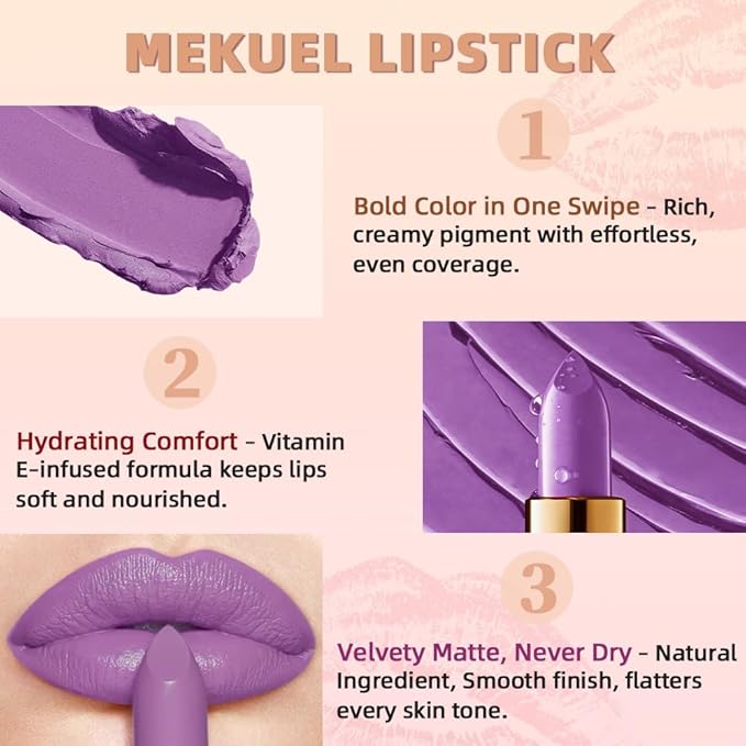 Violet Velvety Matte Lipstick for Women, Creamy Lipstick Long Lasting Waterproof, Women Gift Lipsticks, Longwear Lip Stick Makeup Smudge Proof, Rich Color Lipsticks Vegan & Cruelty Free