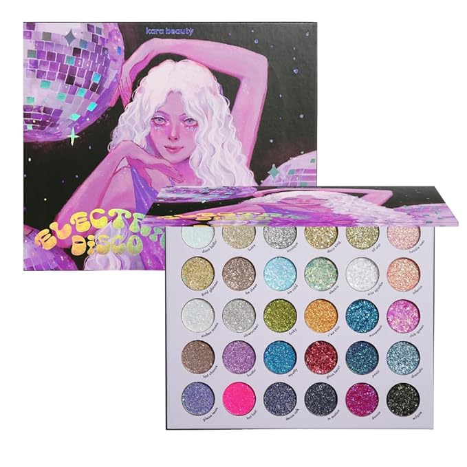 KARA BEAUTY ELECTRIC DISCO Glitter Eyeshadow Palette – 30 Color Pressed Glitter Makeup Palette for Face, Body & Eyes No Glue Needed Chunky & Fine Glitter for Rave, Festival Makeup Mermaid Vibes & More