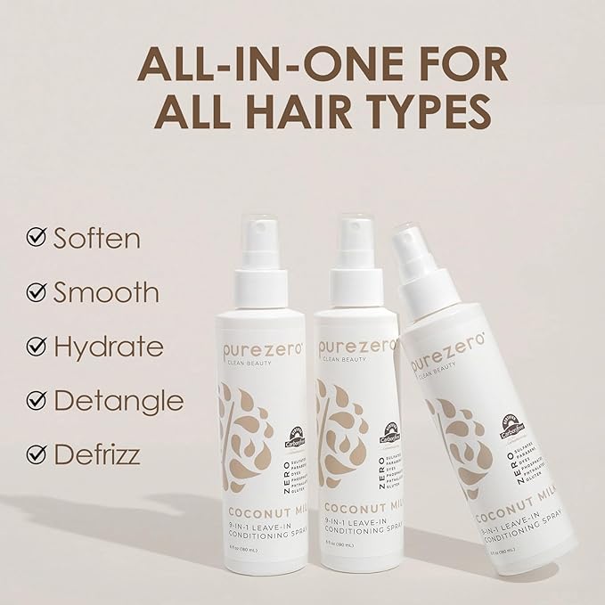 Purezero 9-in-1 Coconut Milk - Leave-In Conditioning Spray - Intense Hydration & Increase Shine, Fight Dandruff & Frizz, Zero Sulfates, Parabens, Dyes (6 oz (2 Pack))