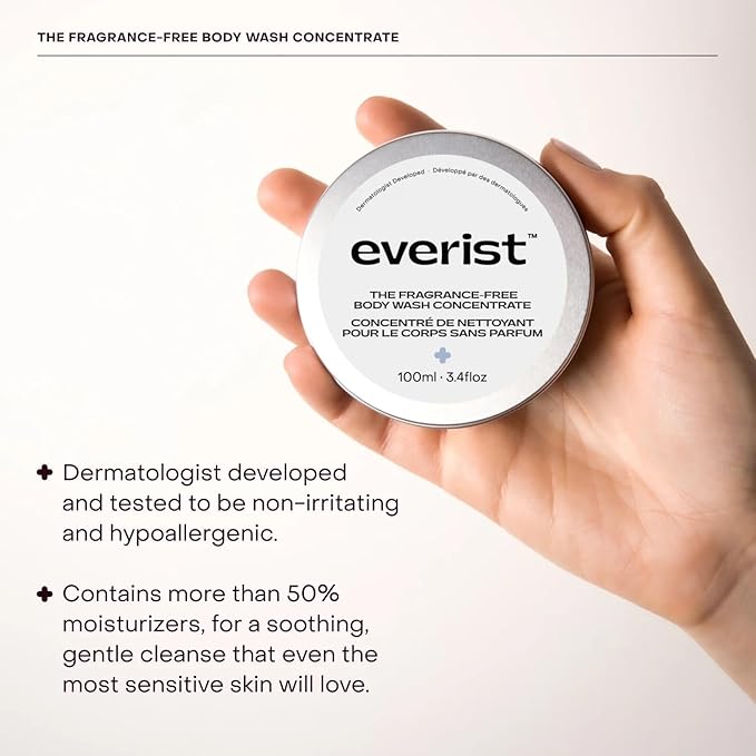 Everist Fragrance-Free Body Wash Concentrate – Dermatologist-Developed & Tested Hydrating Cream Cleanser with Aloe Vera & Glycerin – Hypoallergenic, Non-Irritating, Plant-Based, Vegan – 100ml