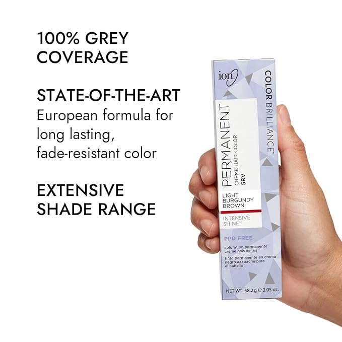 Ion Permanent Creme Color Hair 5RV Light Burgundy Brown, Vegan, Cruelty Free, PPD Free, 100% Gray Coverage, Long Lasting, Fade Resistant Color, 2.05 oz