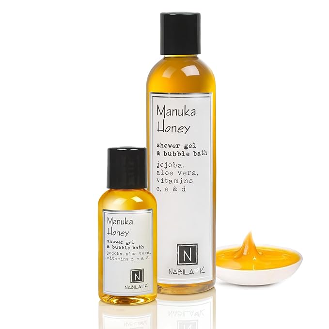 Nabila K Manuka Honey Shower Gel & Bubble Bath, 2.4 oz – Non-Drying Body Wash with Jojoba, Aloe Vera & Vitamins – Naturally-Derived, Sulfate-Free – Made in USA – For Men & Women