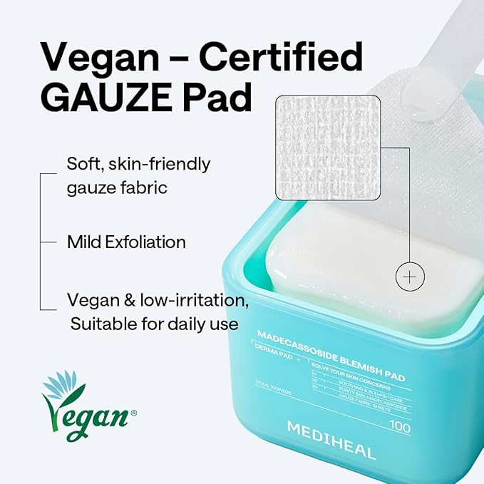 MEDIHEAL Madecassoside Blemish Pad - Square Cotton Facial Toner Pads with Centella Asiatica & Madecassoside – Anti Blemish to Improve Uneven Skin Tone - Vegan Face Gauze Pads, 100
