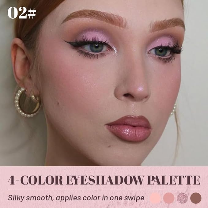 Pink Purple Brown 4Colors Eyeshadow Makeup Palette with Brush Mirror,Natural Neutral Powde Eye Shadow Palettes for Older Women,Long Lasting Naturing-Looking,Lightweight Eye Makeup Kit Travel Size