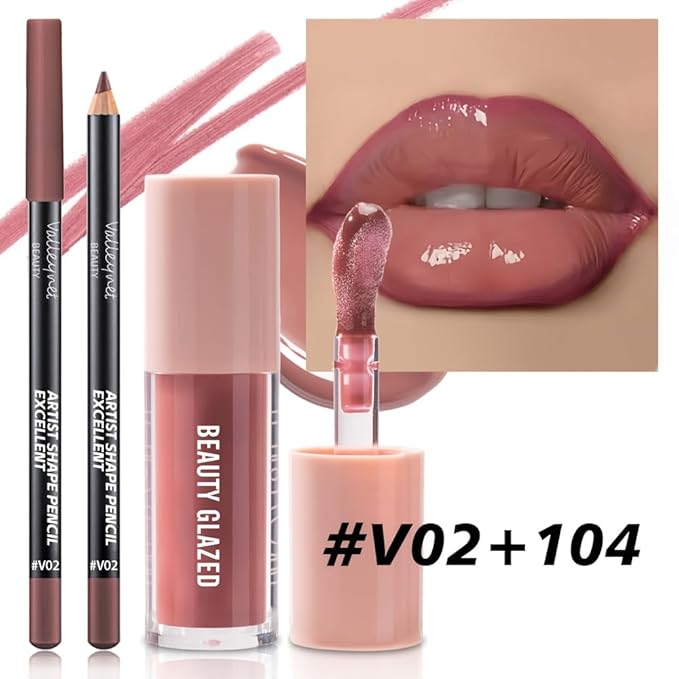 2Pcs/Set Lip Gloss & Lip Liner Set Peach Nude – Lip Plumping Effect Lip Combo Set for Juicy Plump Lips, Gradient Lips & Over Lip Makeup, High Shine Glass Lips Look Viral Lip Combo for Volume Lips