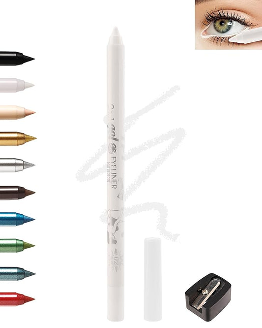 White Eyeliner For Waterline, Cream Gel Eyeliner Waterline Waterproof Smudge-Proof Eye Liner Pen, Safe for Sensitive Eyes, Matte Color Eye Brightener Colored Eye Liner Pen Makeup with Sharpener-02