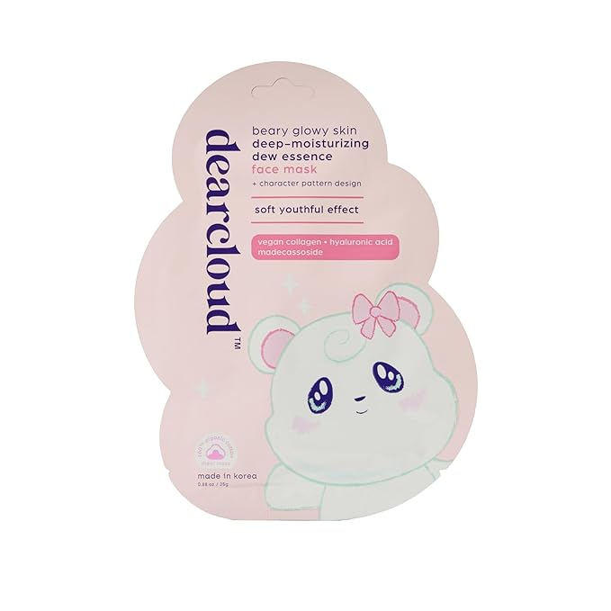 dearcloud Beary Glowy Skin Deep Moisturizing Dew Essence Face Mask, Korean Sheet Mask - Vegan Collagen, Hyaluronic Acid & Madecassoside (3 Count)