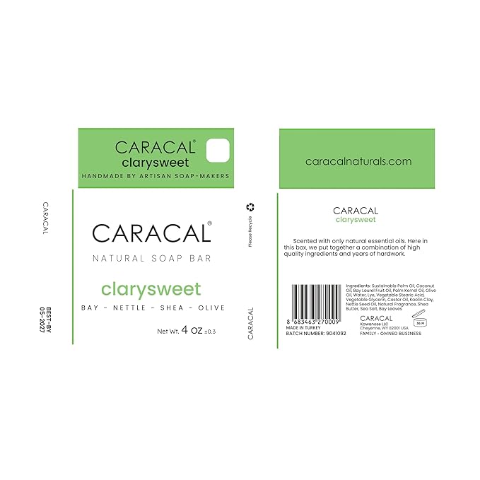 CARACAL Clarysweet Vegan Herbal Natural Soap Bar for Men Women, Strong Woodsy Bay Laurel, Clary Sage, Nettle, Olive, Castor Oils & Shea Butter