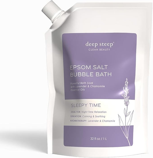 Deep Steep Epsom Salt Bubble Bath, Sleepy Time, 32 oz – Calming Soak with Coconut, Argan, Shea Butter, Aloe Vera & Essential Oils – Vegan, Clean Beauty, Relaxation & Stress Relief