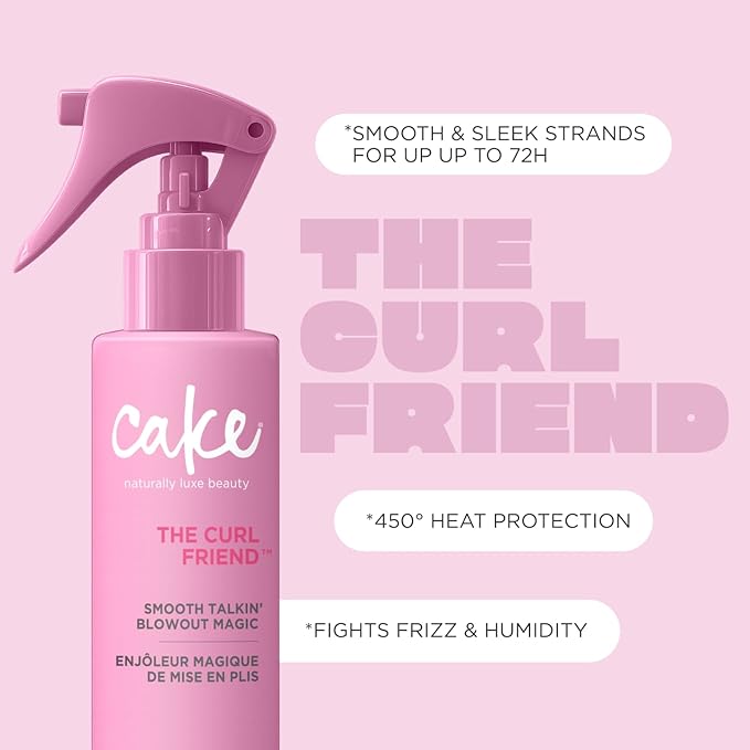 Cake Beauty Curl Blow Out Spray, Smooth Talkin' Blow Out Magic- Smooths and Straightens Curls- Sleek Strands up to 72H, 450 F Heat Protection, Fights Frizz & Humidity- For Curly Hair- 6.8 fl oz./200mL