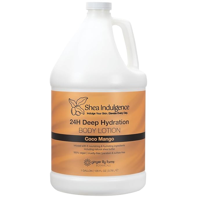 Ginger Lily Farms Botanicals Shea Indulgence 24H Deep Hydration Body Lotion, Coco Mango, 100% Vegan & Cruelty-Free, Coconut Mango Scent, 1 Gallon (128 fl oz) Refill