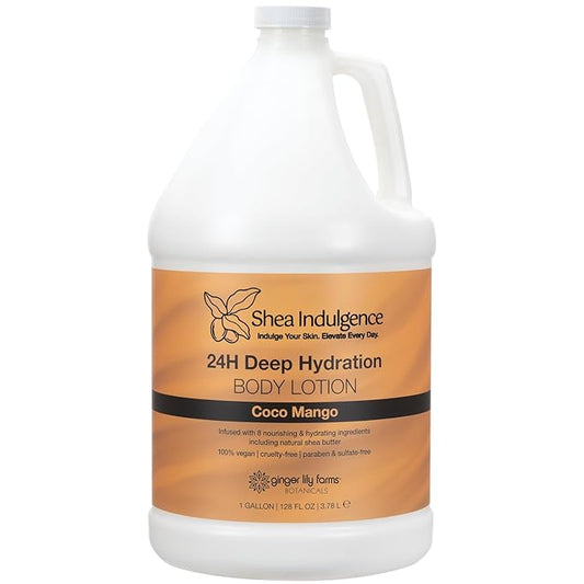Ginger Lily Farms Botanicals Shea Indulgence 24H Deep Hydration Body Lotion, Coco Mango, 100% Vegan & Cruelty-Free, Coconut Mango Scent, 1 Gallon (128 fl oz) Refill