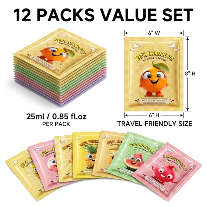 Fruit Face Masks, 12 Pack Face Masks Spa Set – Natural & Organic Hydrating Sheet Masks with Vitamin C, E for Brightening, Vegan Skincare Gift for Women/Men, Spa Day at Home