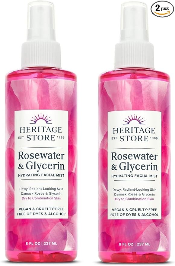HERITAGE STORE Rosewater & Glycerin 2-pack - Hydrating Facial Mist - Dry Combination Skin Care - Rose Water Spray with Vegetable Glycerine - Made Without Dyes or Alcohol, Hypoallergenic, Vegan, 8oz ea