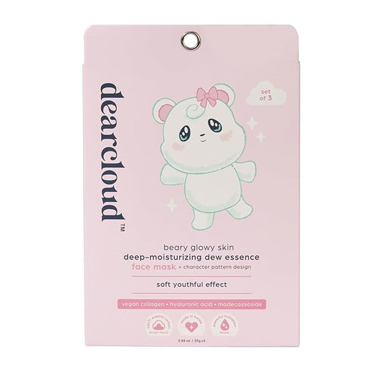 dearcloud Beary Glowy Skin Deep Moisturizing Dew Essence Face Mask, Korean Sheet Mask - Vegan Collagen, Hyaluronic Acid & Madecassoside (3 Count)