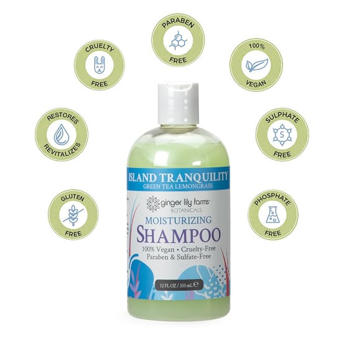 Ginger Lily Farms Botanicals Moisturizing Shampoo for All Hair Types, Island Tranquility, 100% Vegan & Cruelty-Free, Green Tea Lemongrass Scent, 12 Fl Oz (Pack of 6)
