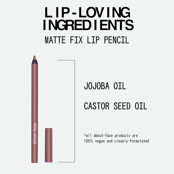 about-face Matte Fix Lip Pencil Cradled – Long-Wear, Creamy Matte Lip Liner with Hyaluronic Acid & Vitamins C & E – Vegan, Cruelty-Free, Clean Beauty – 0.042 oz (Rose Beige)