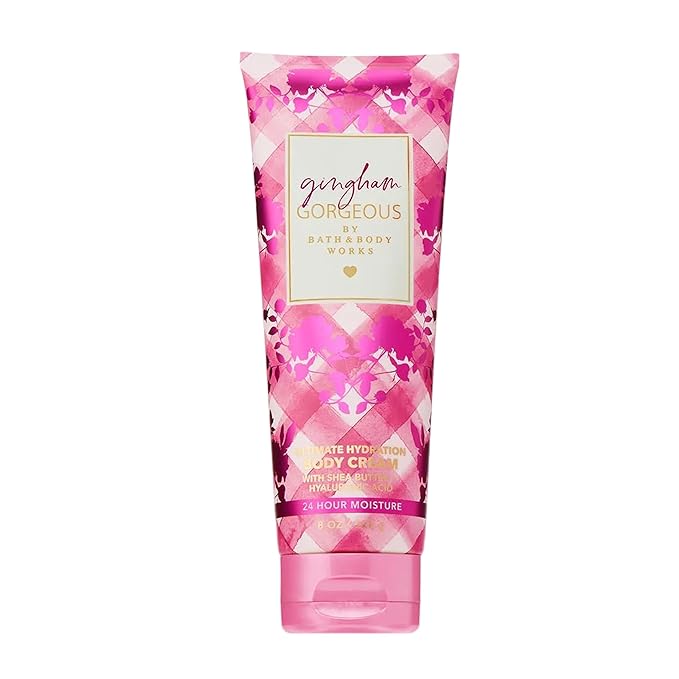 Bath & Body Works Gingham Gorgeous Body Cream, Ultimate Hydration Moisturizer with Shea Butter & Hyaluronic Acid for Dry Skin – Pink Strawberries, Peony Blooms, and Peach Nectar, 8 oz - 1 Pack