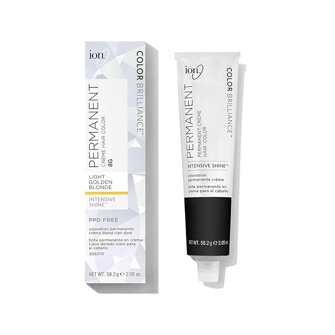 Ion Permanent Creme Hair Color 8G Light Golden Blonde, Vegan, Cruelty Free, PPD Free, 100% Gray Coverage, Long Lasting, Fade Resistant Color, 2.05 oz
