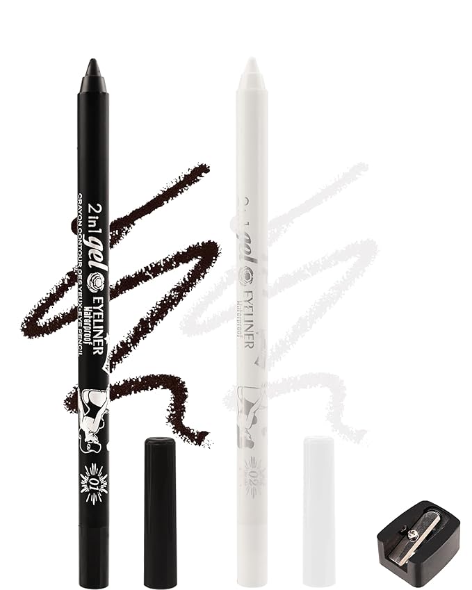Black White Waterline Eyeliner Gel Pencil, Long Stay Eyeliner Waterline Waterproof Smudge-Proof, Safe for Sensitive Eyes, Eye Liner Brightener Pen with Sharpener, Soft Cream Rich Color Eye Makeup Pen
