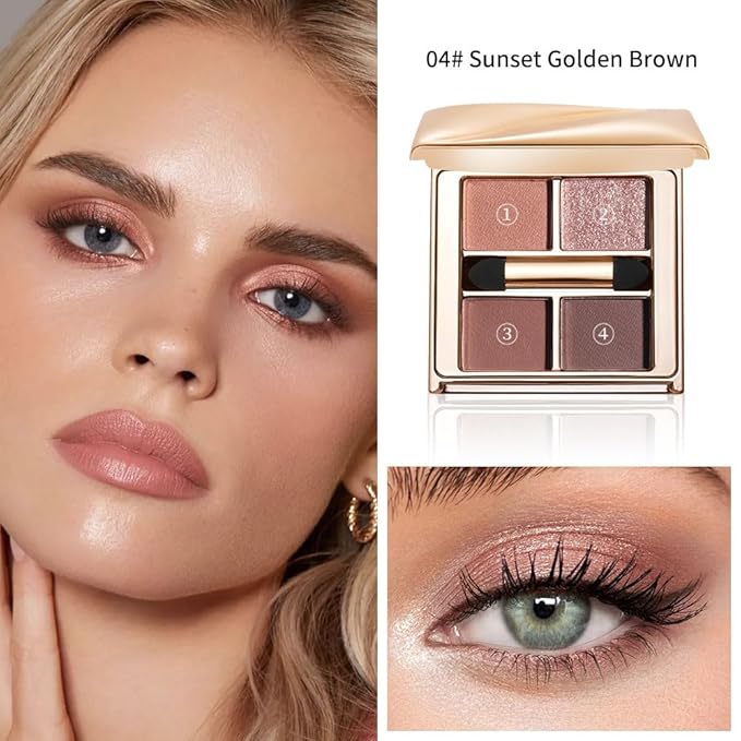 Warm Brown Eyeshadow Palette, 4-Color Matte & Shimmer Neutral Eye Shadow Kit for Soft Glam & Smokey Looks — High Pigment, Long-Lasting, Blendable Warm-Tone Makeup for Brown, Hazel & Green Eyes